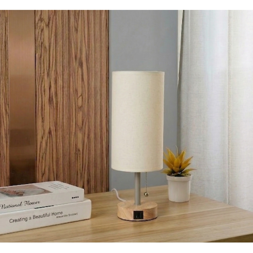 Brilagi - Lampa stołowa z portem USB TABLON 1xE27/25W/230V dąb/beżowy/kremowy