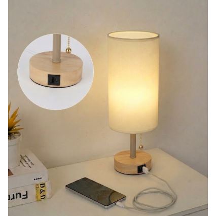 Brilagi - Lampa stołowa z portem USB TABLON 1xE27/25W/230V dąb/beżowy/kremowy