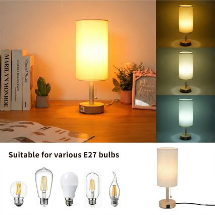 Brilagi - Lampa stołowa z portem USB TABLON 1xE27/25W/230V dąb/beżowy/kremowy
