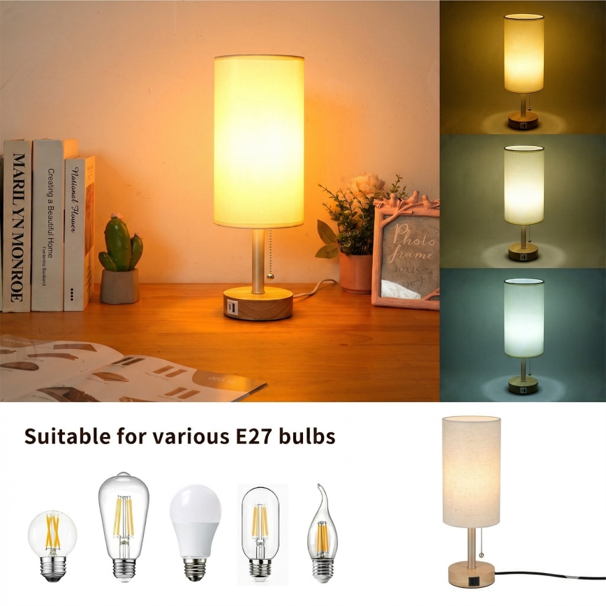 Brilagi - Lampa stołowa z portem USB TABLON 1xE27/25W/230V dąb/beżowy/kremowy