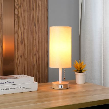 Brilagi - Lampa stołowa z portem USB TABLON 1xE27/25W/230V dąb/biały/beżowy
