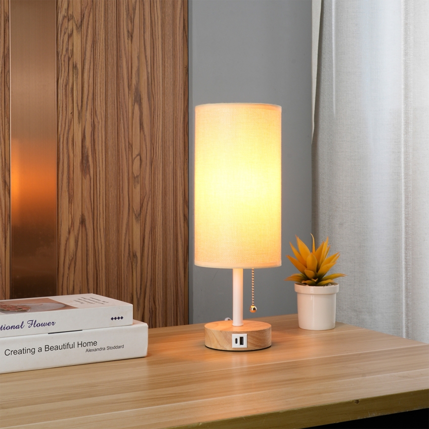 Brilagi - Lampa stołowa z portem USB TABLON 1xE27/25W/230V dąb/biały/beżowy