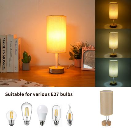Brilagi - Lampa stołowa z portem USB TABLON 1xE27/25W/230V dąb/biały/beżowy