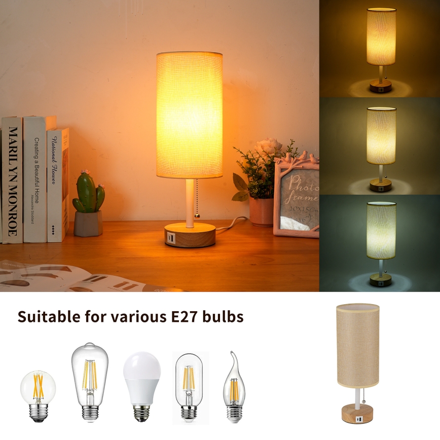 Brilagi - Lampa stołowa z portem USB TABLON 1xE27/25W/230V dąb/biały/beżowy