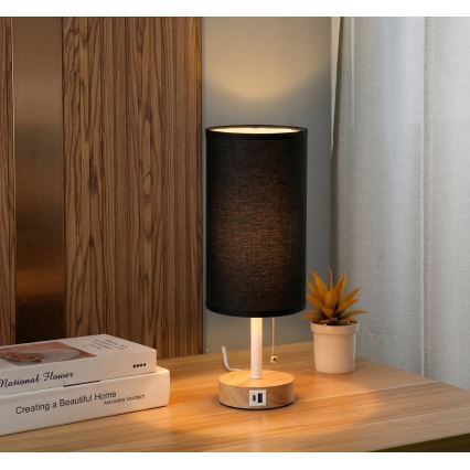 Brilagi - Lampa stołowa z portem USB TABLON 1xE27/25W/230V dąb/biały/czarny