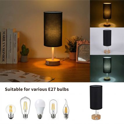 Brilagi - Lampa stołowa z portem USB TABLON 1xE27/25W/230V dąb/biały/czarny