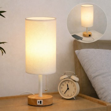 Brilagi - Lampa stołowa z portem USB TABLON 1xE27/25W/230V dąb/biały