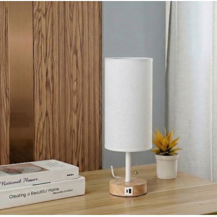 Brilagi - Lampa stołowa z portem USB TABLON 1xE27/25W/230V dąb/biały