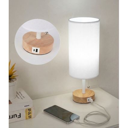 Brilagi - Lampa stołowa z portem USB TABLON 1xE27/25W/230V dąb/biały