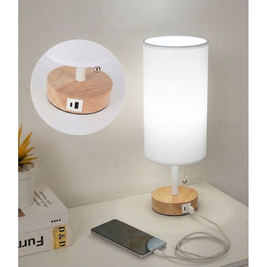 Brilagi - Lampa stołowa z portem USB TABLON 1xE27/25W/230V dąb/biały