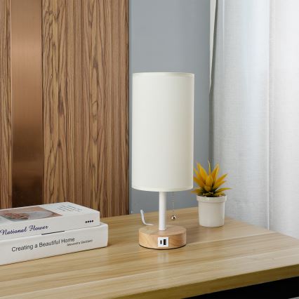 Brilagi - Lampa stołowa z portem USB TABLON 1xE27/25W/230V dąb/biały/kremowy