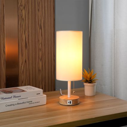 Brilagi - Lampa stołowa z portem USB TABLON 1xE27/25W/230V dąb/biały/kremowy