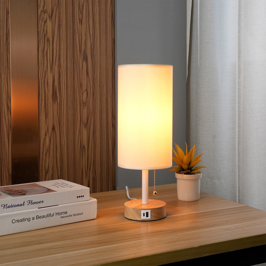 Brilagi - Lampa stołowa z portem USB TABLON 1xE27/25W/230V dąb/biały/kremowy