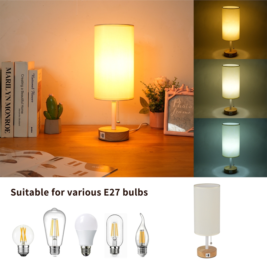 Brilagi - Lampa stołowa z portem USB TABLON 1xE27/25W/230V dąb/biały/kremowy