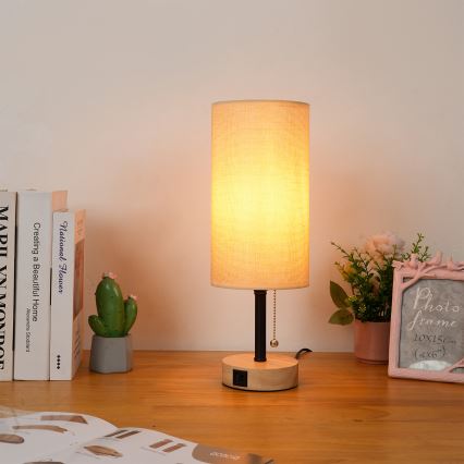 Brilagi - Lampa stołowa z portem USB TABLON 1xE27/25W/230V dąb/czarna/beżowa