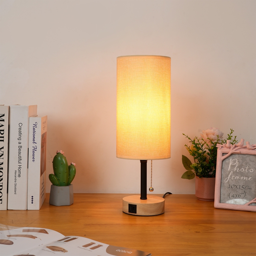 Brilagi - Lampa stołowa z portem USB TABLON 1xE27/25W/230V dąb/czarna/beżowa