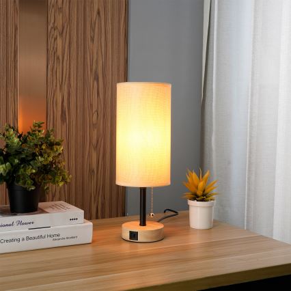 Brilagi - Lampa stołowa z portem USB TABLON 1xE27/25W/230V dąb/czarna/beżowa