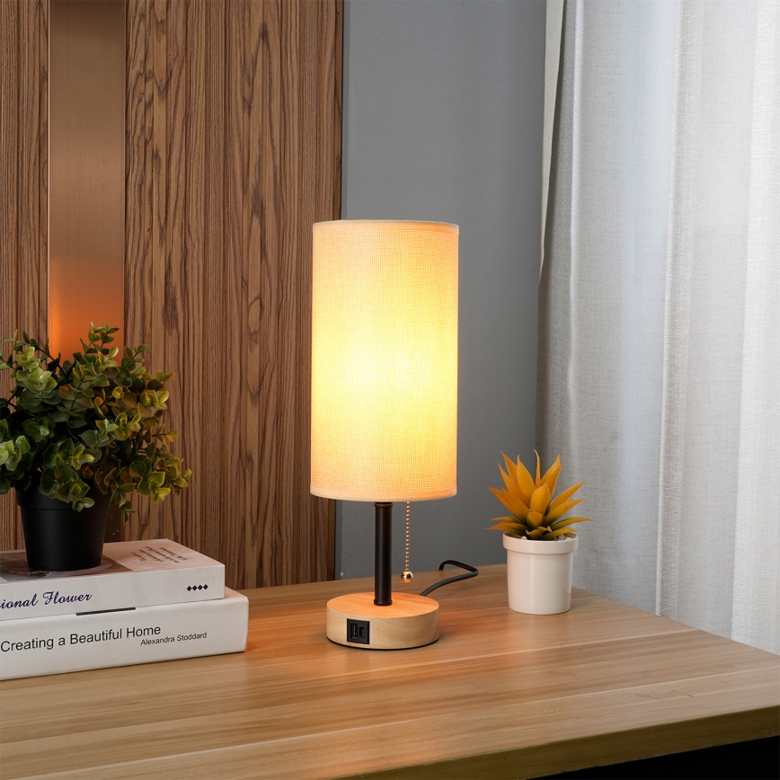 Brilagi - Lampa stołowa z portem USB TABLON 1xE27/25W/230V dąb/czarna/beżowa