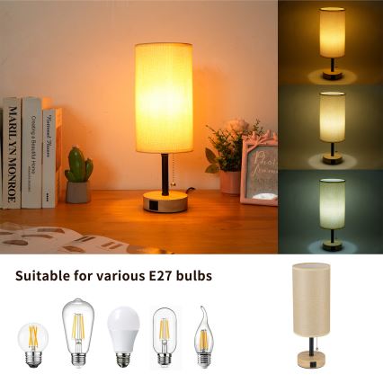 Brilagi - Lampa stołowa z portem USB TABLON 1xE27/25W/230V dąb/czarna/beżowa