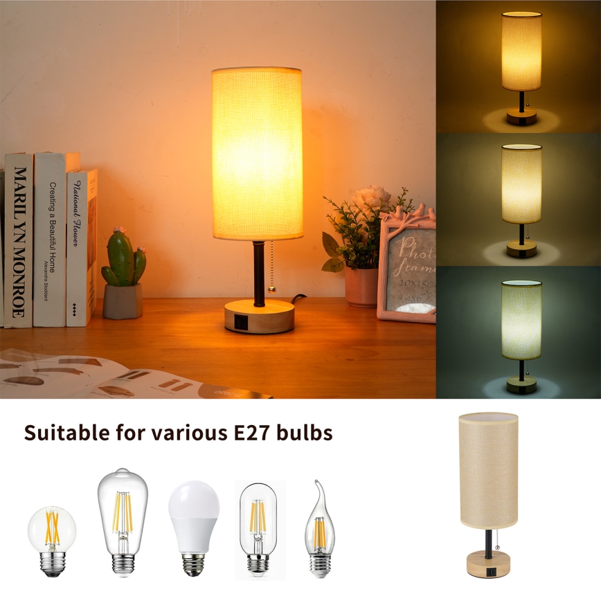 Brilagi - Lampa stołowa z portem USB TABLON 1xE27/25W/230V dąb/czarna/beżowa