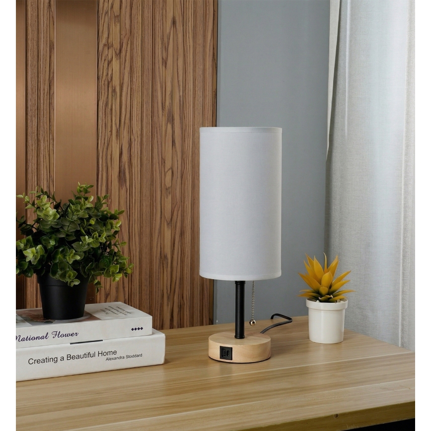 Brilagi - Lampa stołowa z portem USB TABLON 1xE27/25W/230V dąb/czarny/biały