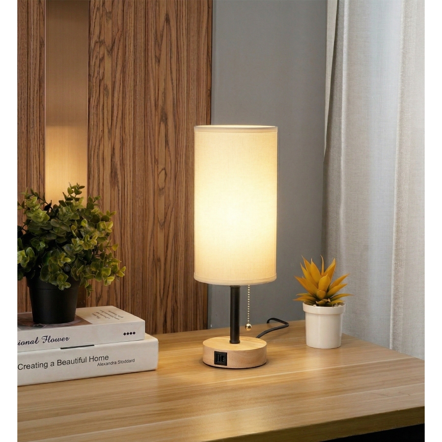 Brilagi - Lampa stołowa z portem USB TABLON 1xE27/25W/230V dąb/czarny/biały