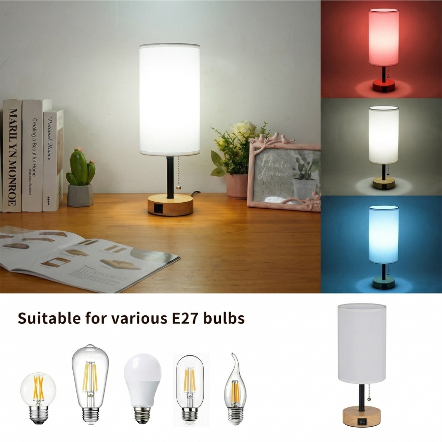 Brilagi - Lampa stołowa z portem USB TABLON 1xE27/25W/230V dąb/czarny/biały