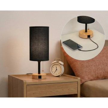 Brilagi - Lampa stołowa z portem USB TABLON 1xE27/25W/230V dąb/czarny