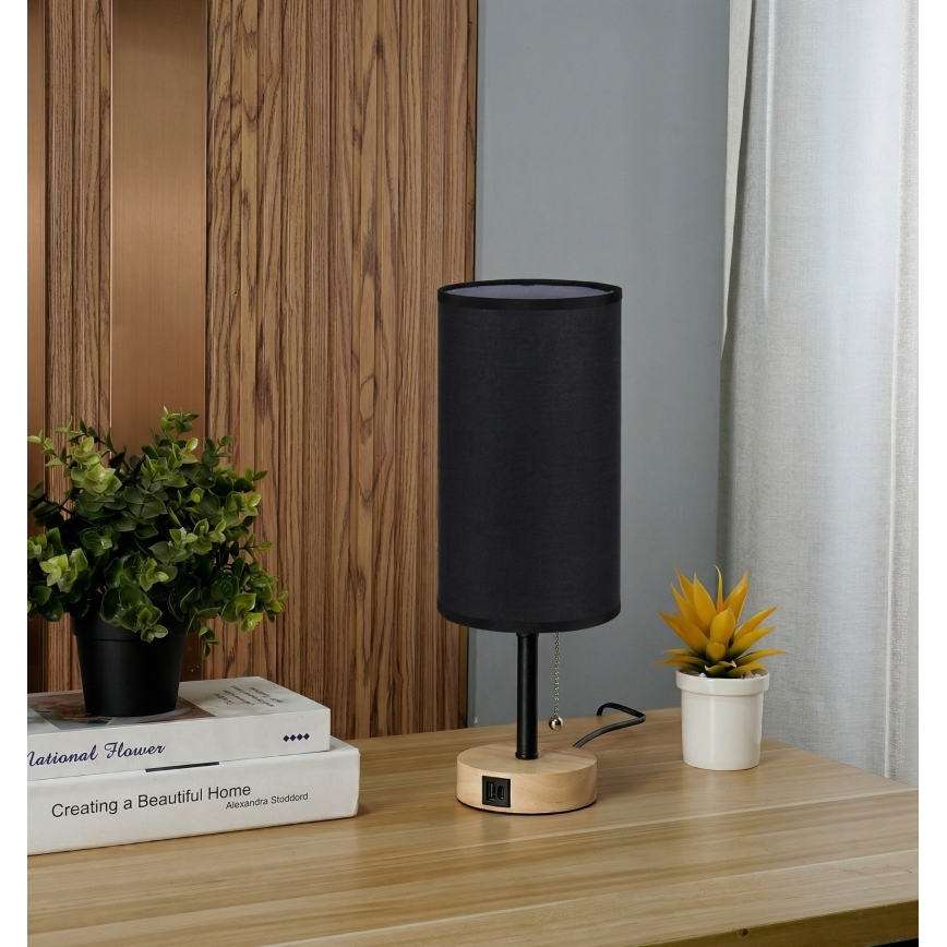 Brilagi - Lampa stołowa z portem USB TABLON 1xE27/25W/230V dąb/czarny