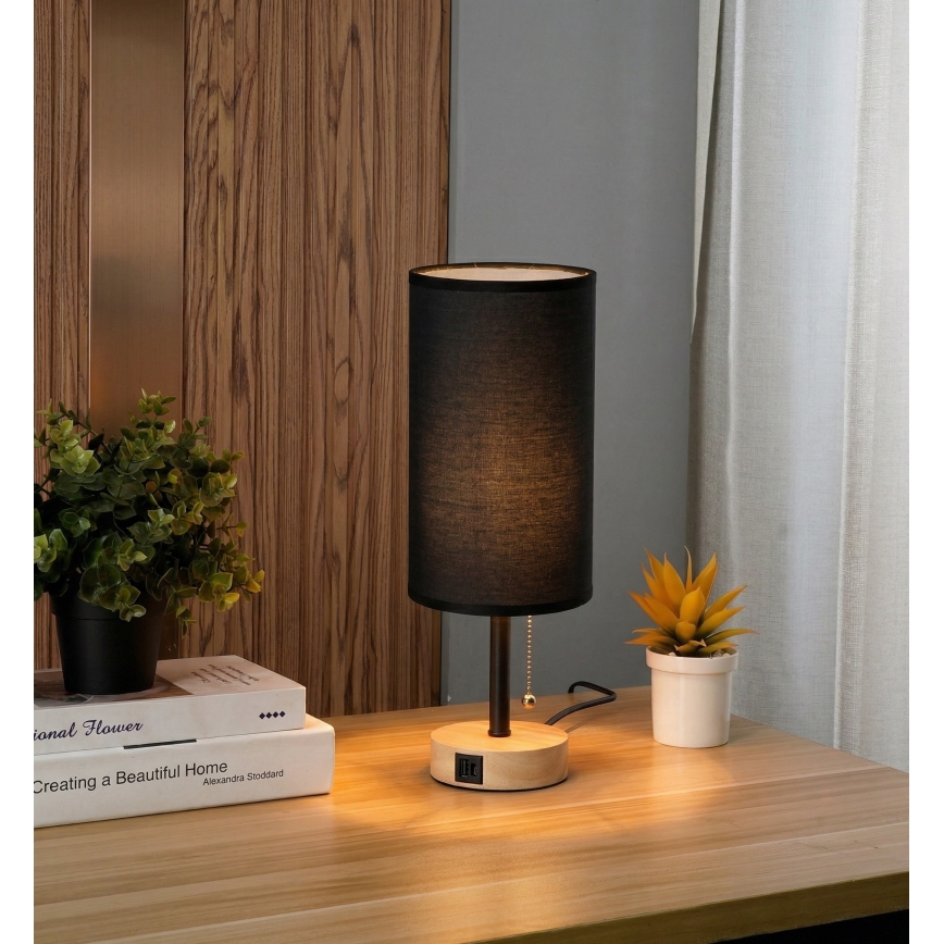Brilagi - Lampa stołowa z portem USB TABLON 1xE27/25W/230V dąb/czarny