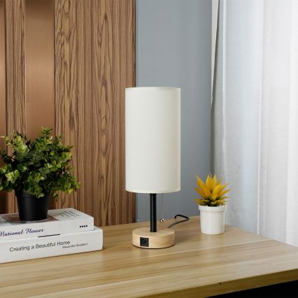 Brilagi - Lampa stołowa z portem USB TABLON 1xE27/25W/230V dąb/czarny/kremowy