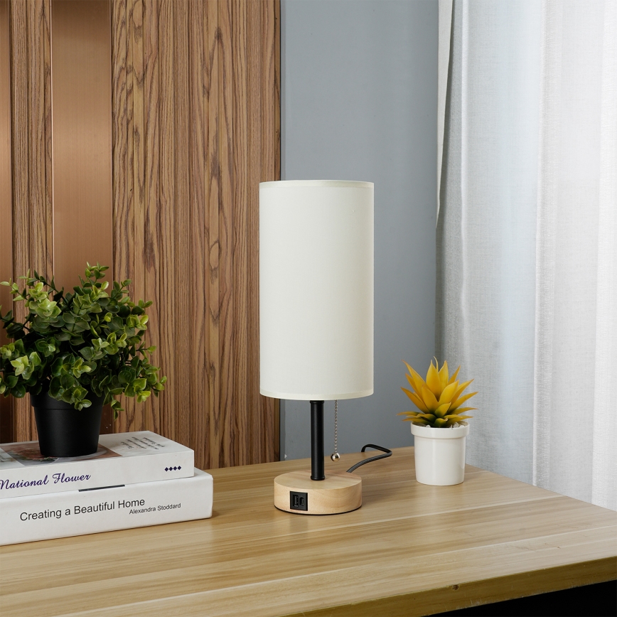 Brilagi - Lampa stołowa z portem USB TABLON 1xE27/25W/230V dąb/czarny/kremowy