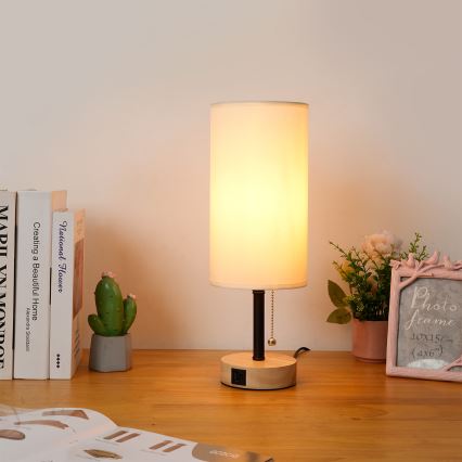 Brilagi - Lampa stołowa z portem USB TABLON 1xE27/25W/230V dąb/czarny/kremowy