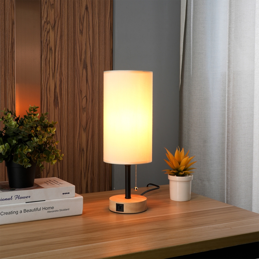 Brilagi - Lampa stołowa z portem USB TABLON 1xE27/25W/230V dąb/czarny/kremowy