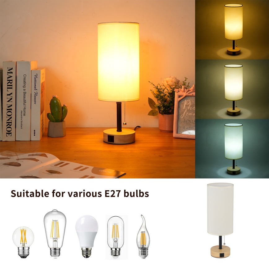 Brilagi - Lampa stołowa z portem USB TABLON 1xE27/25W/230V dąb/czarny/kremowy