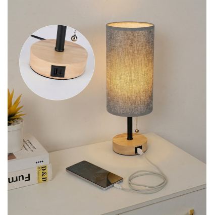 Brilagi - Lampa stołowa z portem USB TABLON 1xE27/25W/230V dąb/czarny/szary