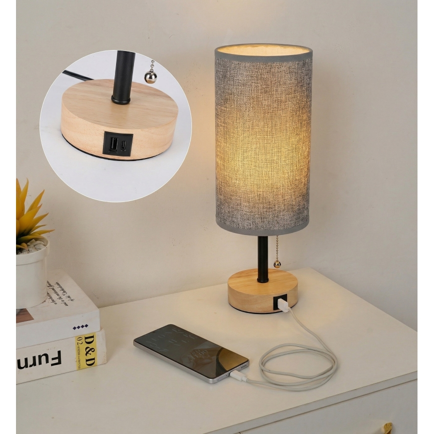 Brilagi - Lampa stołowa z portem USB TABLON 1xE27/25W/230V dąb/czarny/szary