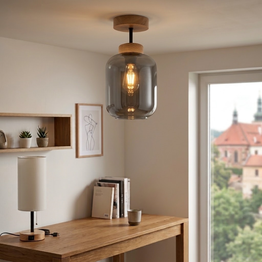 BRILAGI - Plafon LED RETRO GLASS 1xE27/60W/230V Ø 14 cm dąb/dymnoszary