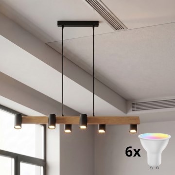 Brilagi - Lampa wisząca LED RGBW ściemnialna na lince SELE 6xGU10/6,5W/230V 2700-6500K czarny/dekor dębu + pilot zdalnego sterowania