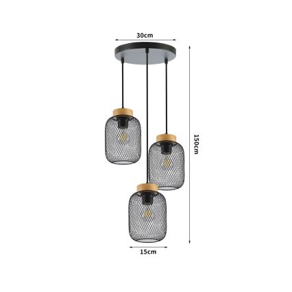 Brilagi - Lampa wisząca na lince BASKLITE 3xE27/15W/230V drewno/czarny