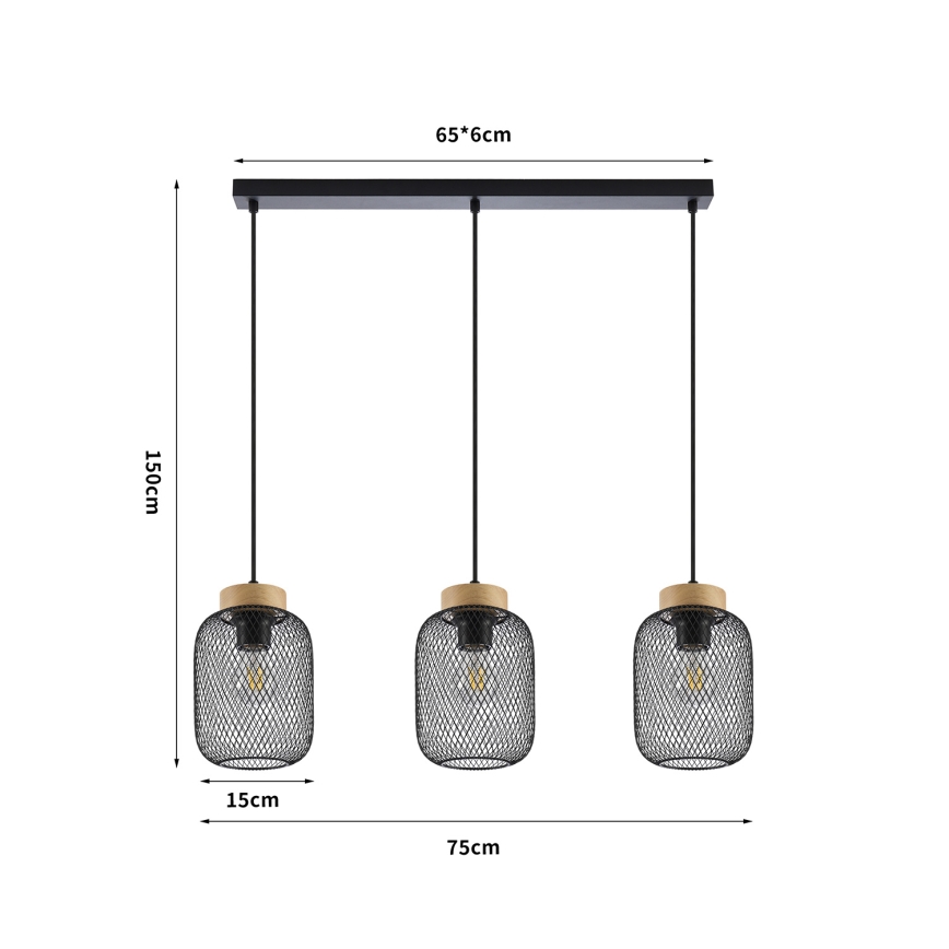 Brilagi - Lampa wisząca na lince BASKLITE 3xE27/15W/230V drewno/czarny