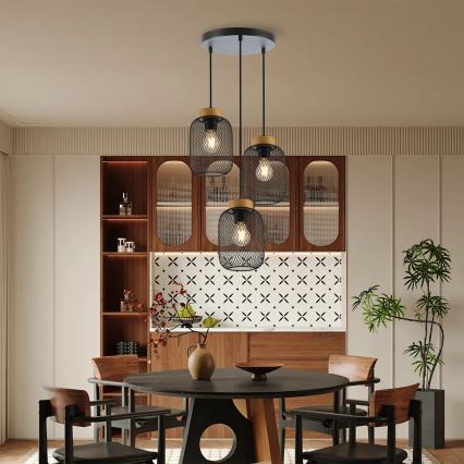 Brilagi - Lampa wisząca na lince BASKLITE 3xE27/15W/230V drewno kauczukowca/czarna