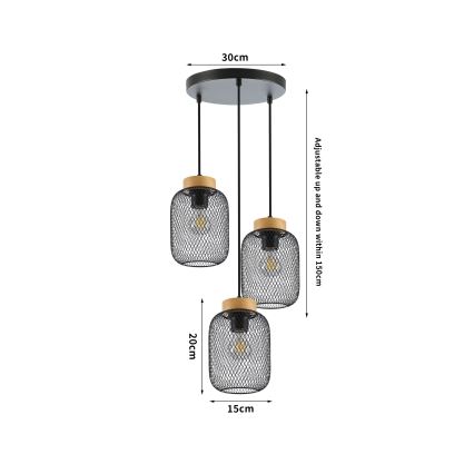 Brilagi - Lampa wisząca na lince BASKLITE 3xE27/15W/230V drewno kauczukowca/czarna