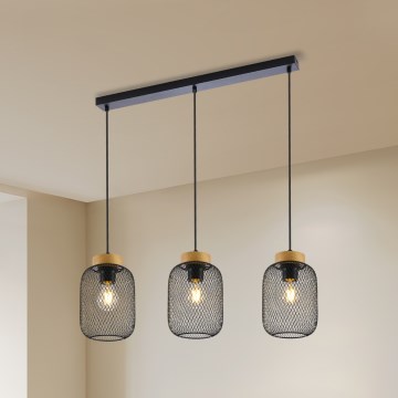 Brilagi - Lampa wisząca na lince BASKLITE 3xE27/15W/230V, drewno kauczukowe/czarna