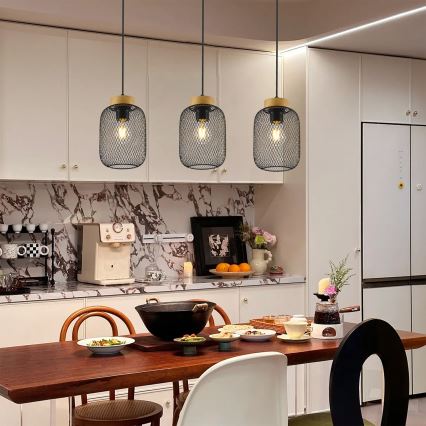 Brilagi - Lampa wisząca na lince BASKLITE 3xE27/15W/230V, drewno kauczukowe/czarna
