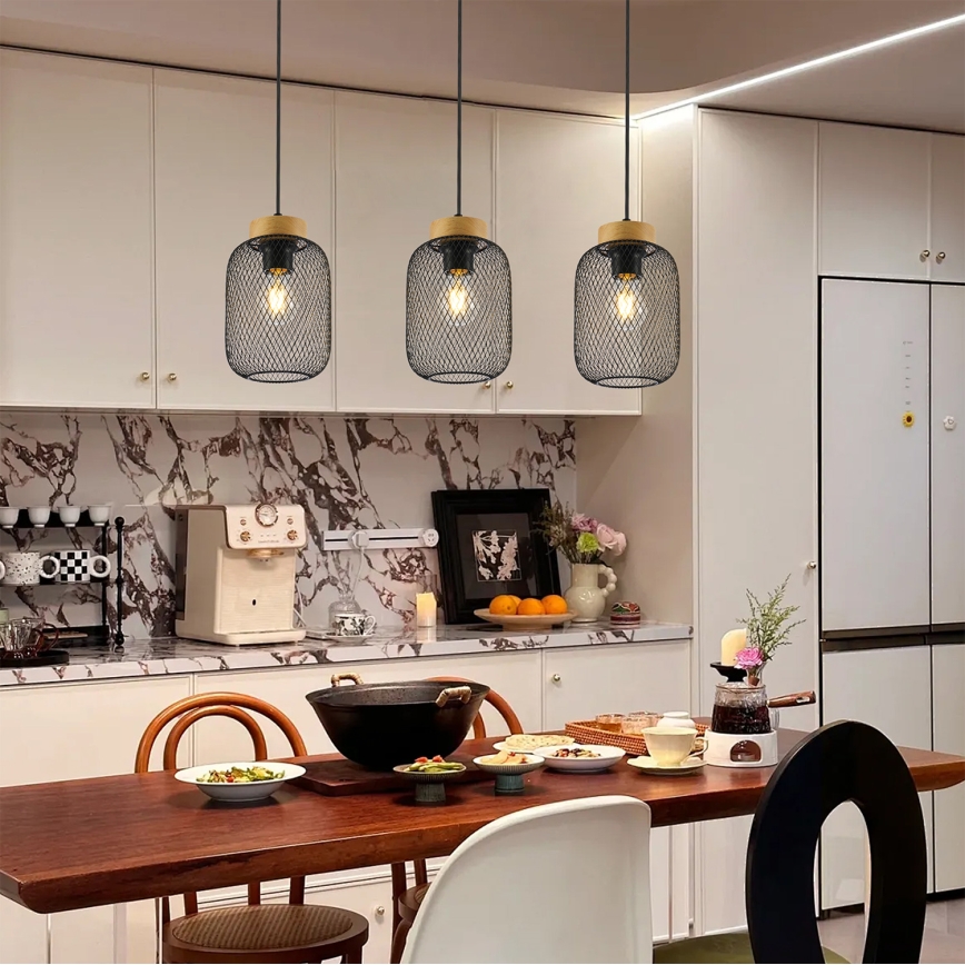 Brilagi - Lampa wisząca na lince BASKLITE 3xE27/15W/230V, drewno kauczukowe/czarna