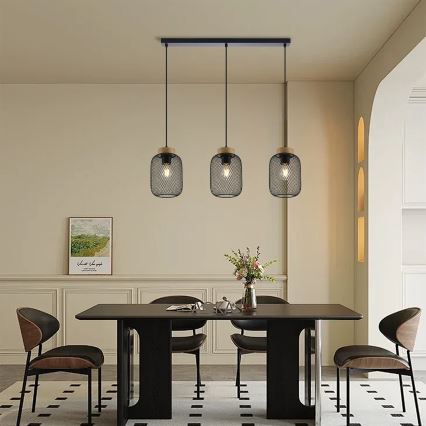 Brilagi - Lampa wisząca na lince BASKLITE 3xE27/15W/230V, drewno kauczukowe/czarna