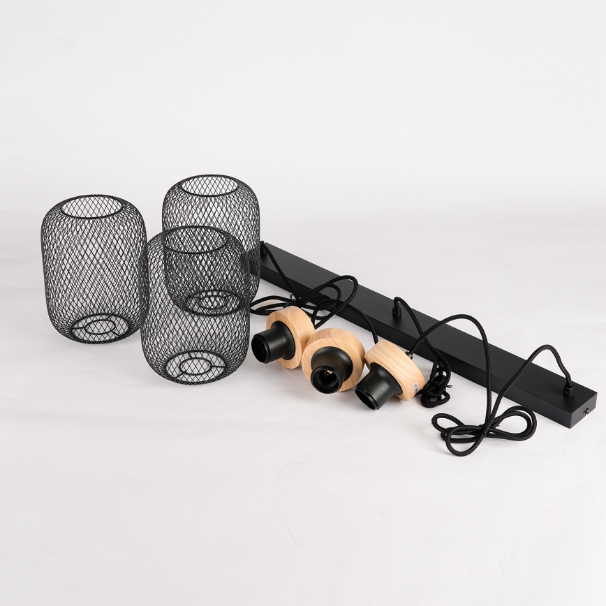 Brilagi - Lampa wisząca na lince BASKLITE 3xE27/15W/230V, drewno kauczukowe/czarna