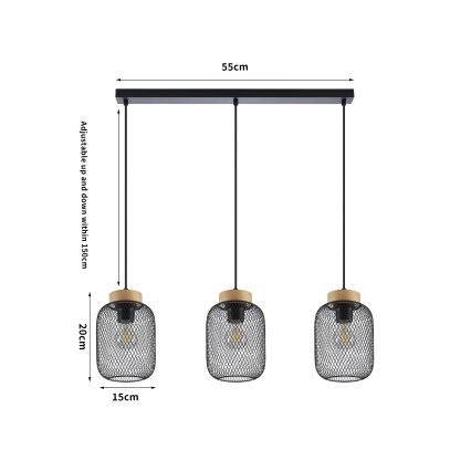 Brilagi - Lampa wisząca na lince BASKLITE 3xE27/15W/230V, drewno kauczukowe/czarna