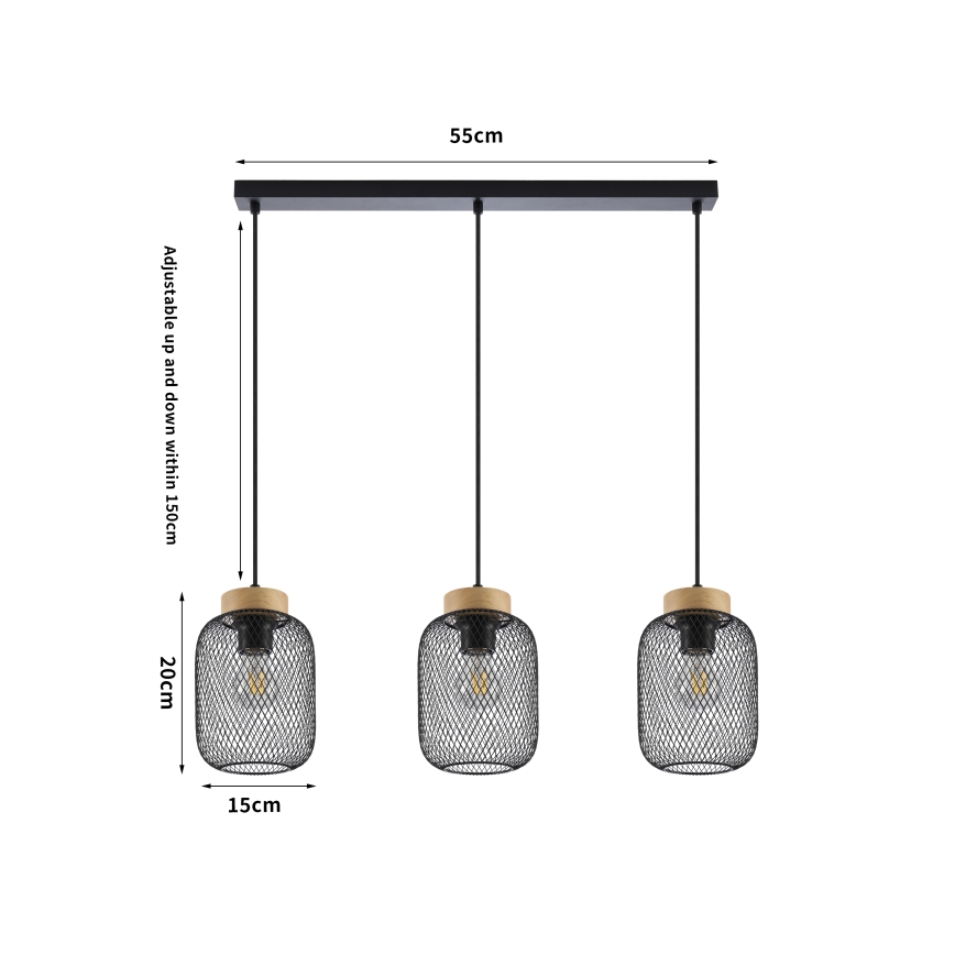Brilagi - Lampa wisząca na lince BASKLITE 3xE27/15W/230V, drewno kauczukowe/czarna
